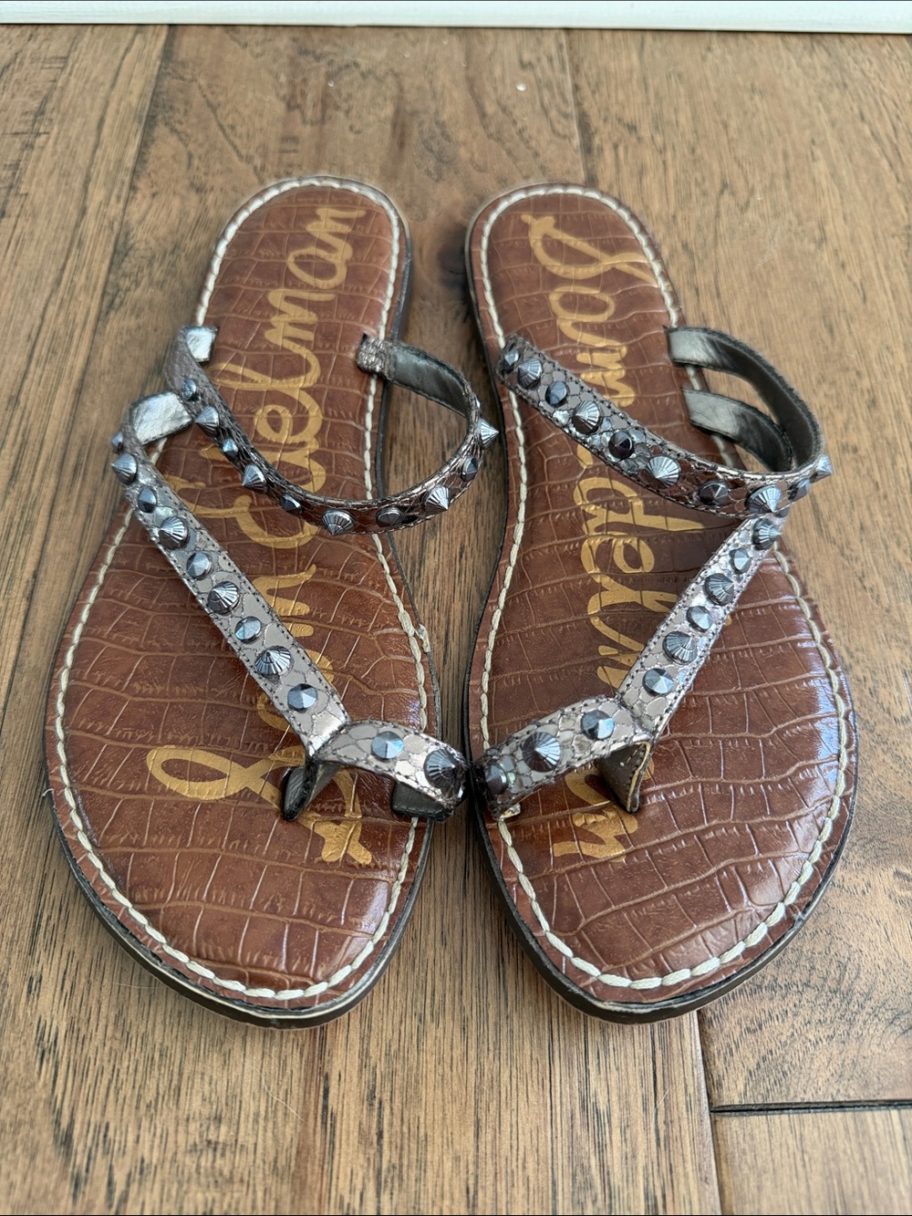Sam Edelman Bronze Metallic Jeweled T-Strap Sandals
